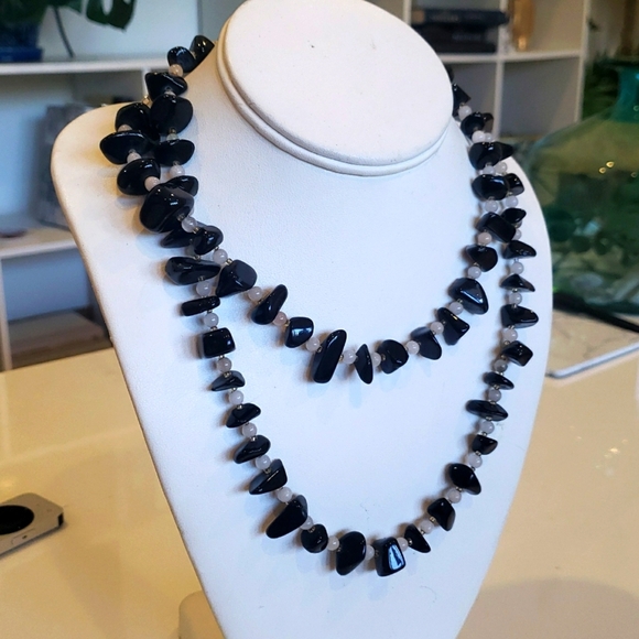 STERLING SILVER QUARTZ ONYX LAYERING STACK NECKLACE LONG - Picture 1 of 6
